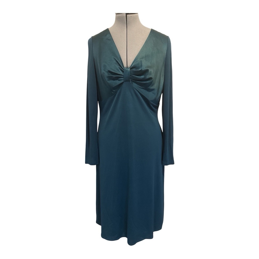 Talbots Prussian Blue Teal V-Neck Dress two-tone satin front-bow knot bodice 12